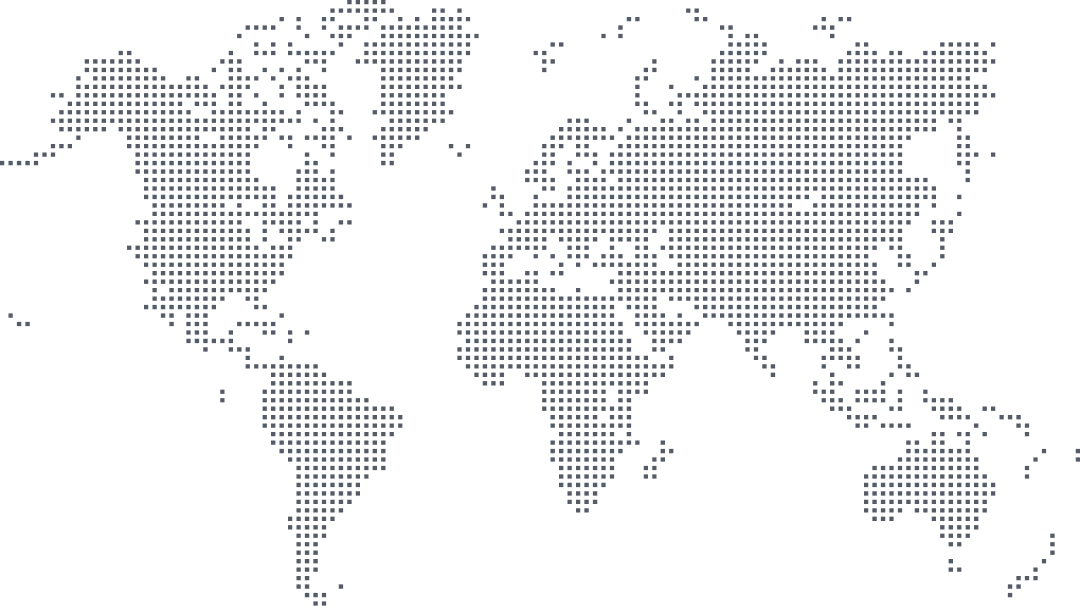 A dotted world map in gray, highlighting the continents and oceans in a minimalist design.