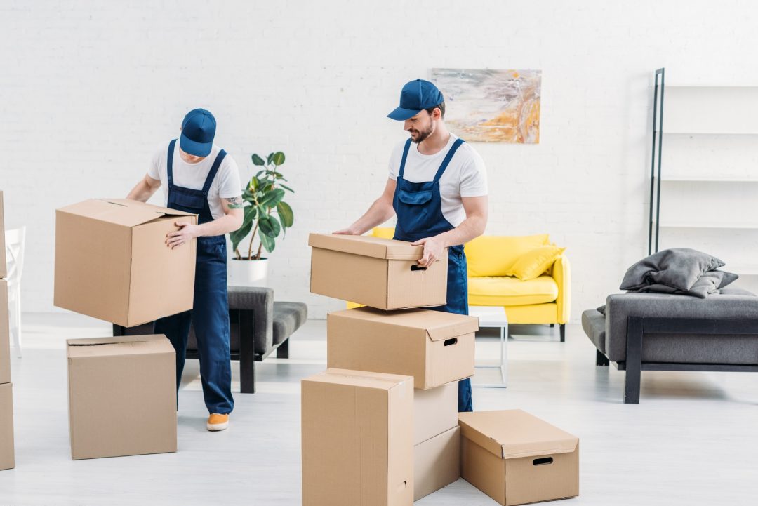 Two workers in blue uniforms are organizing cardboard boxes in a bright, uncluttered room with a yellow couch and a plant in the background. The scene conveys a sense of efficiency and teamwork during a moving process.